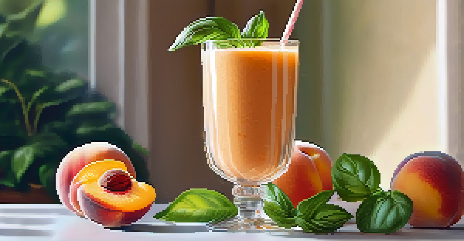 A peach and basil smoothie in a glass, garnished with a basil leaf, placed on a table with summer fruits.