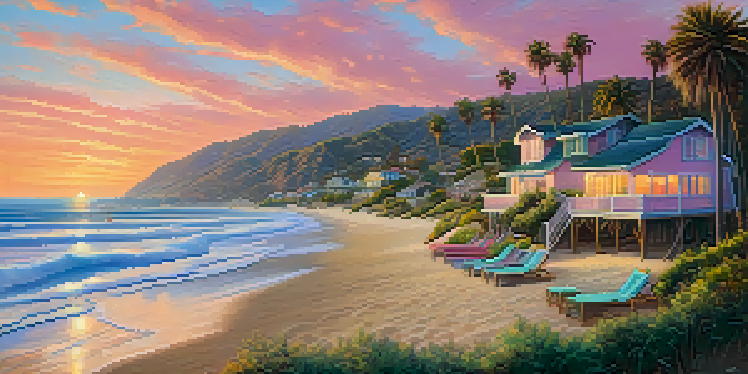 A picturesque sunset over Malibu beach with a cozy cottage and palm trees.