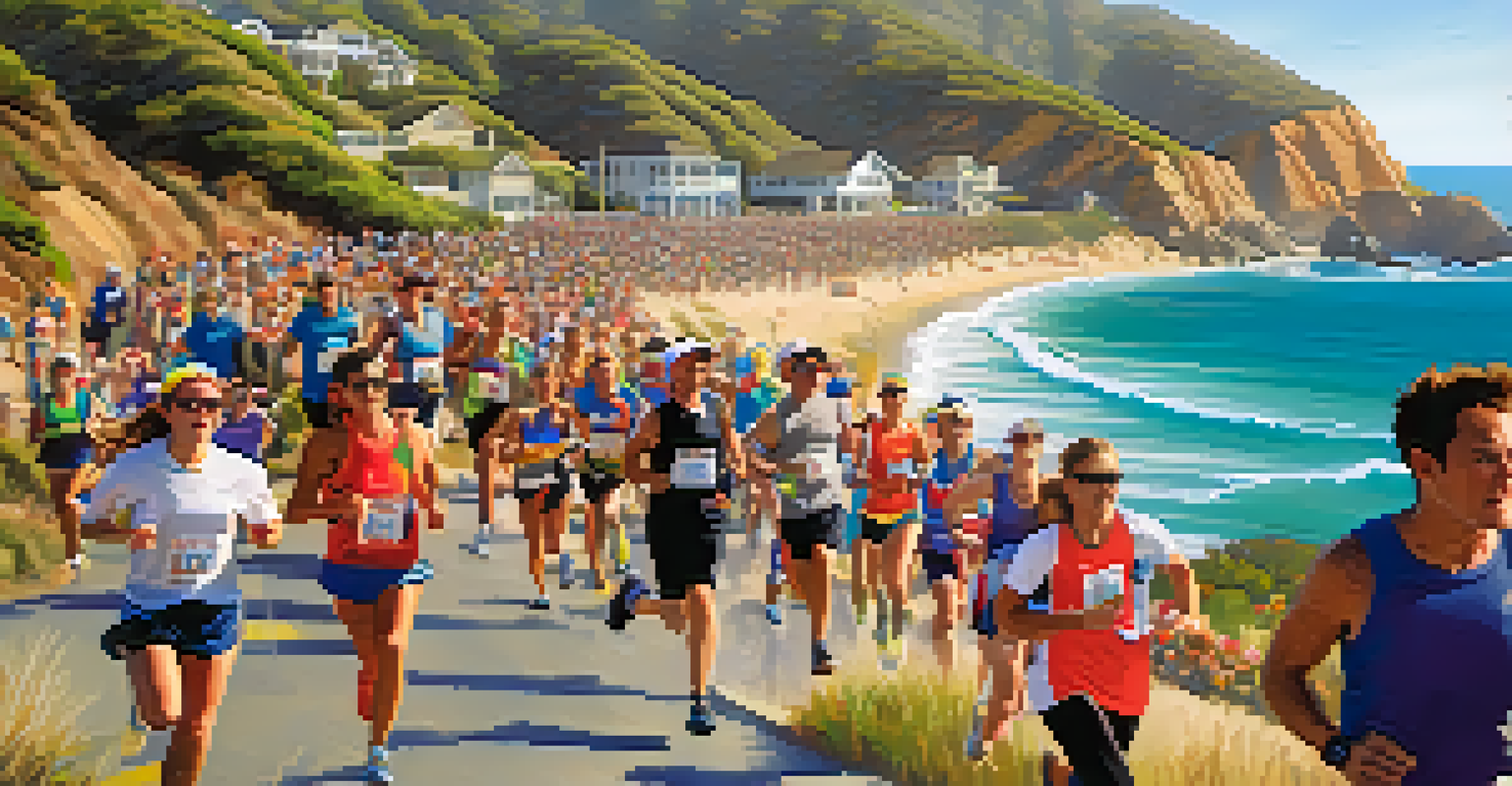 A vibrant community fun run in Malibu with diverse participants racing along a coastal path, surrounded by spectators and beautiful ocean views.