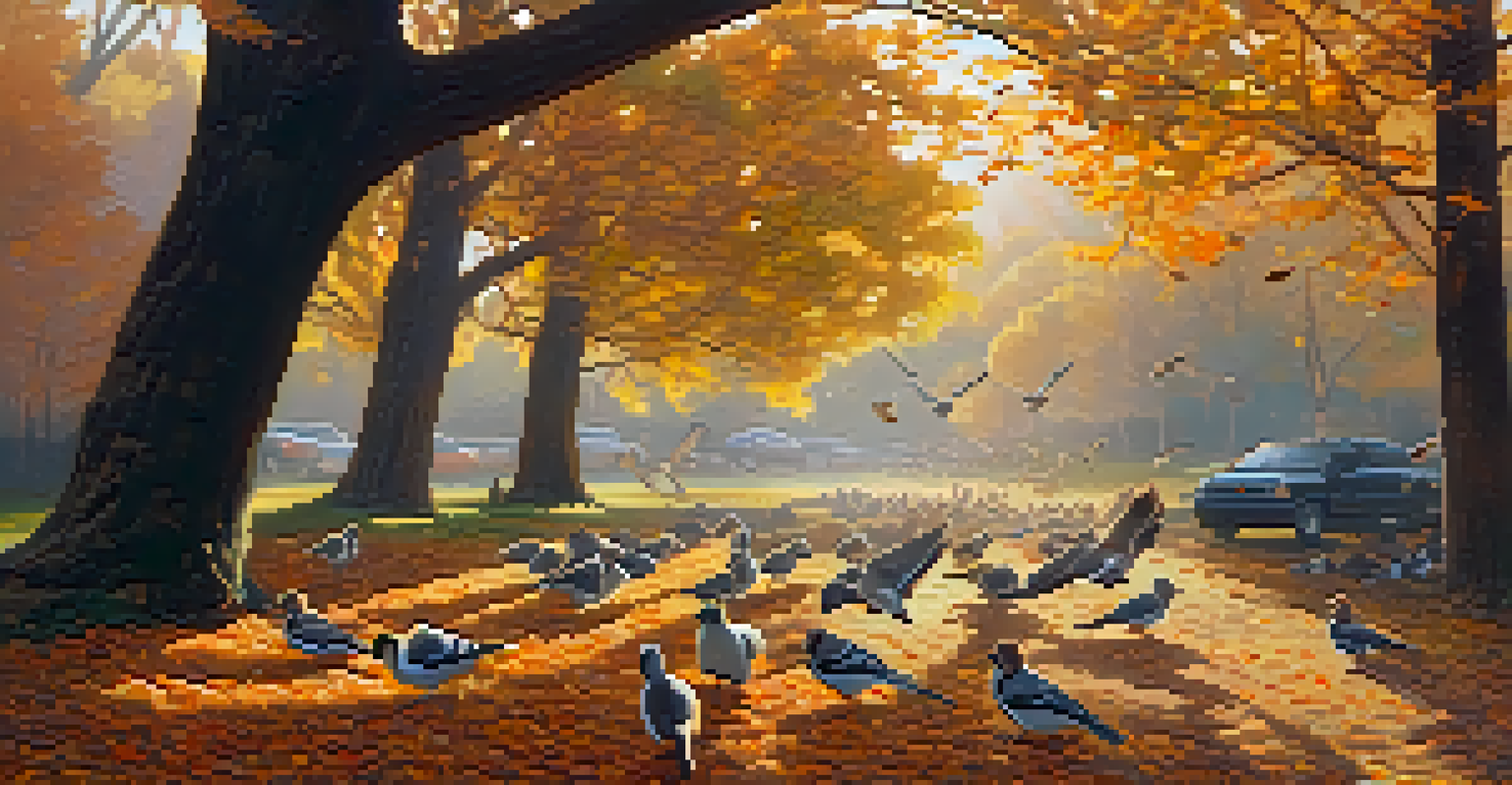 An autumn landscape in Malibu with migratory birds, colorful trees, and foraging squirrels.