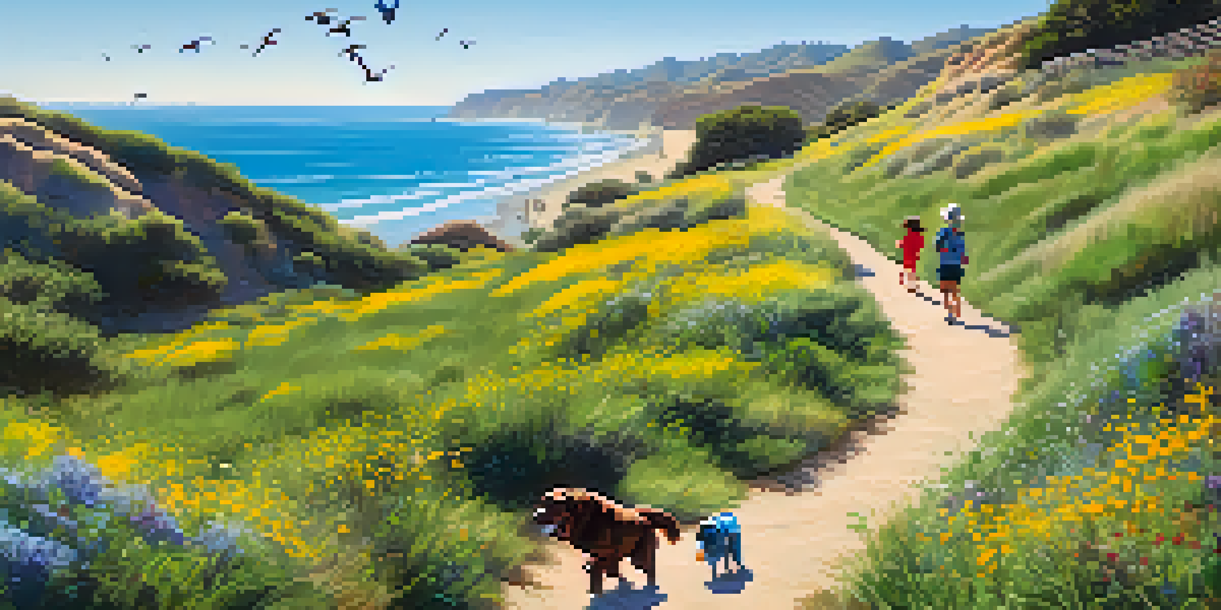 A scenic view of Malibu Bluffs Park with a family walking along a grassy trail by the ocean.