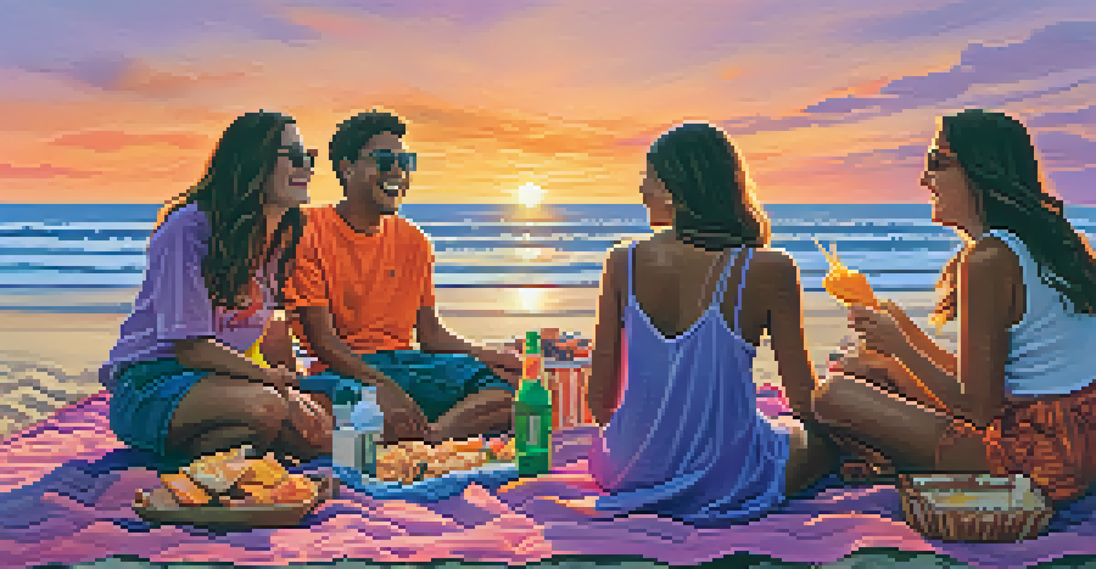 Friends having a picnic on a clean Malibu beach at sunset after a beach cleanup, with a colorful blanket and a picturesque sky.