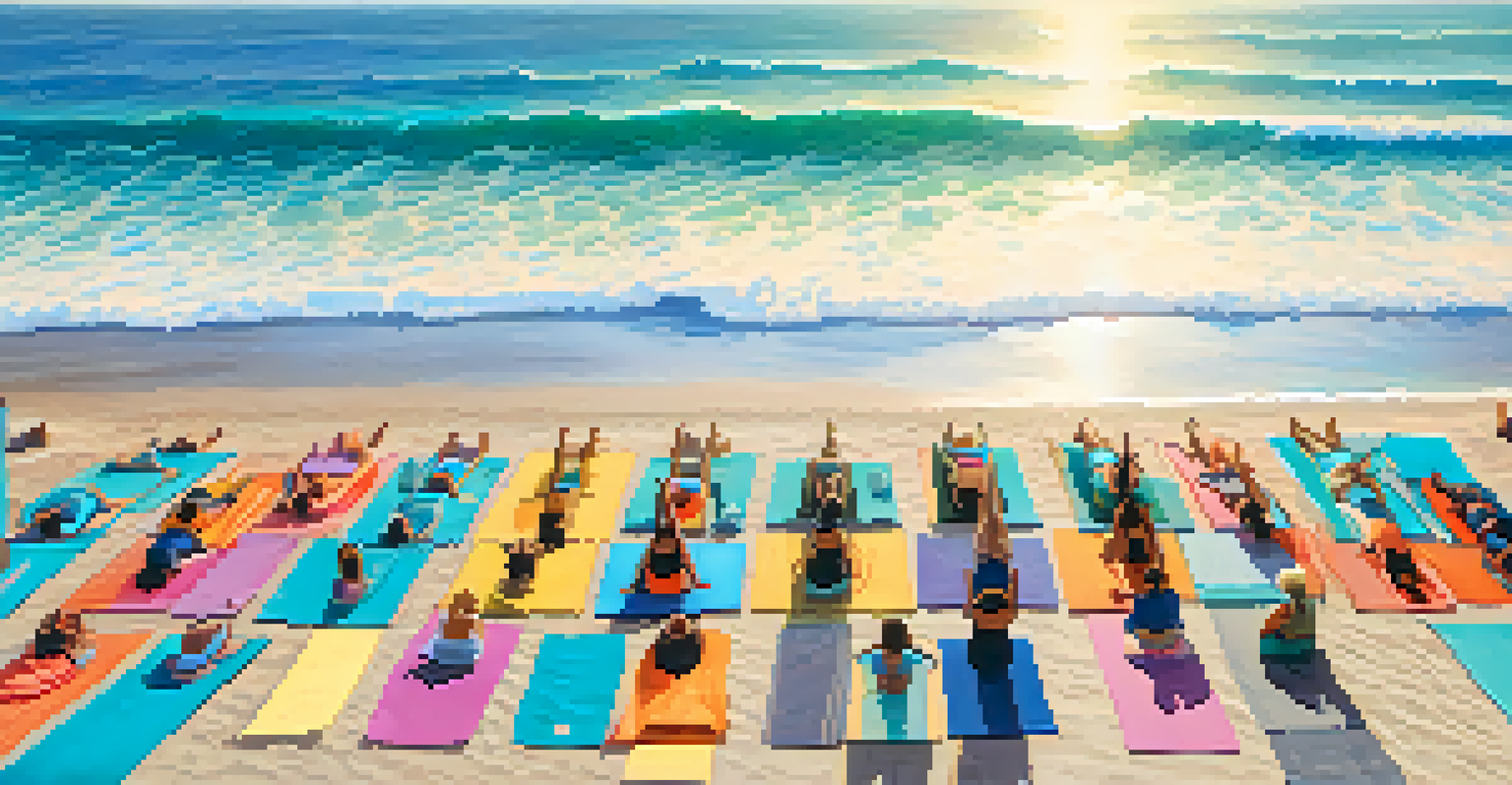 Bird's-eye view of a beach yoga class with participants on colorful mats by the ocean.