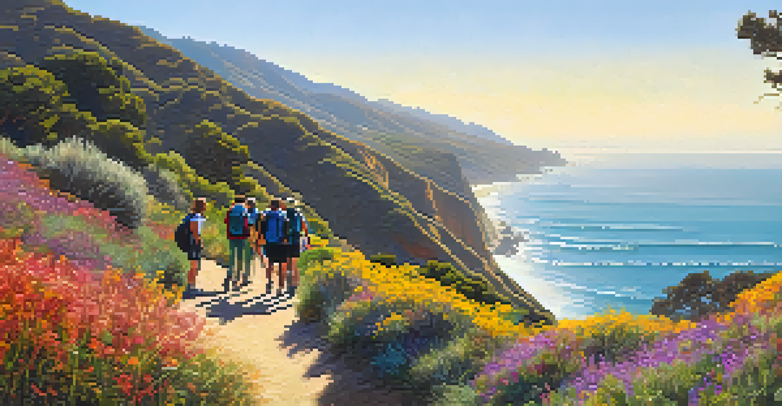Hikers on a scenic trail in Malibu surrounded by wildflowers and cliffs, with the ocean in the distance.
