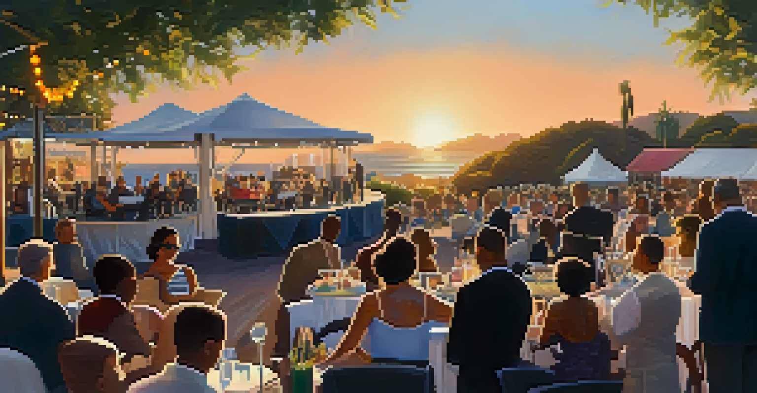 A jazz band performing on stage at a festival with an elegant outdoor setting.