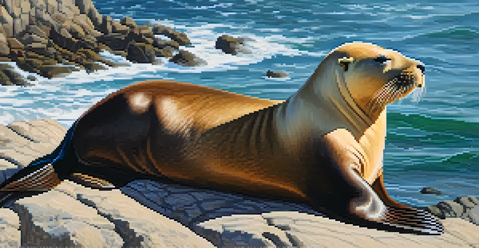 A California sea lion resting on rocks by the ocean, with waves and seabirds in the background.