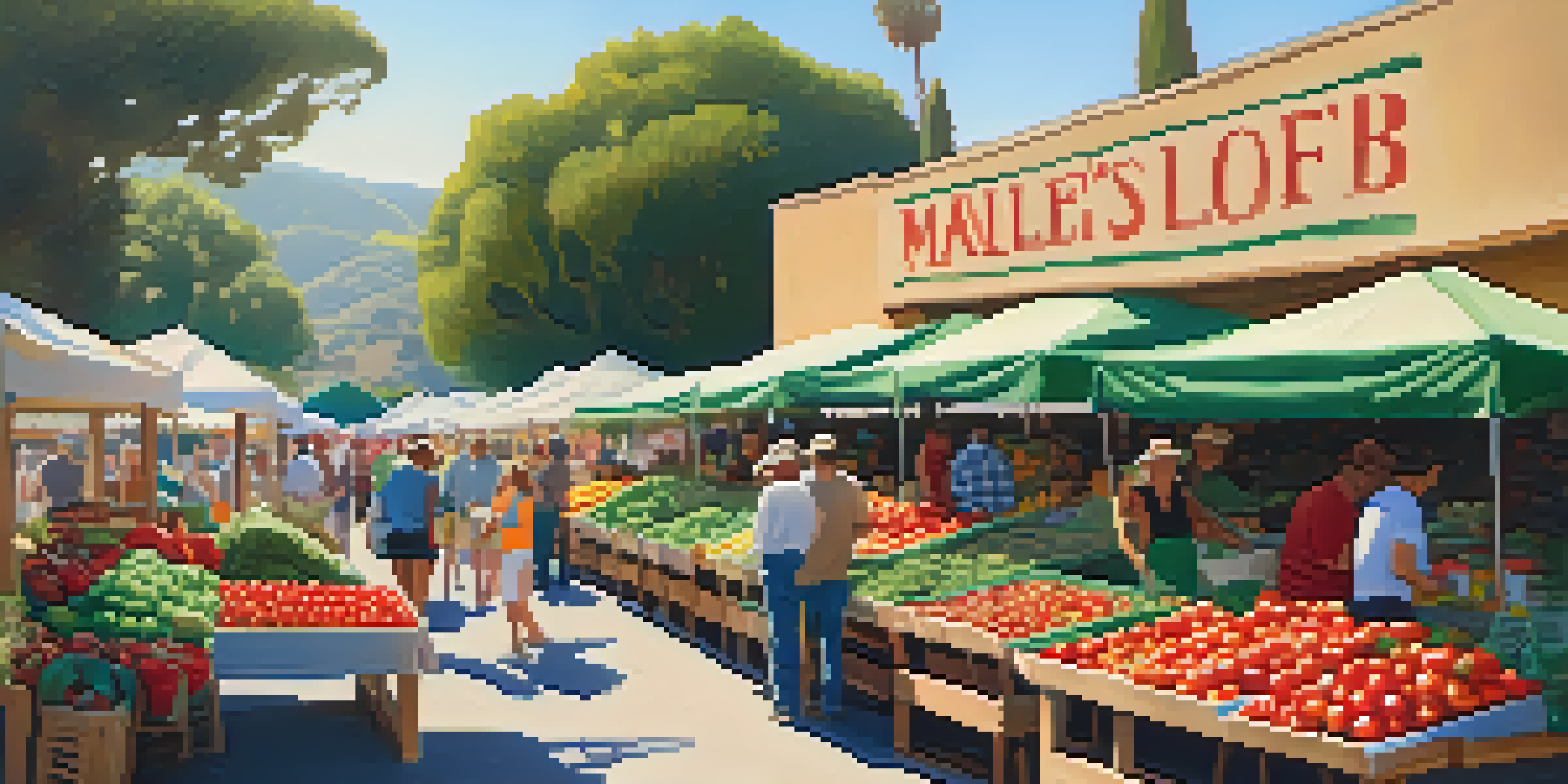 A lively farmers' market in Malibu with colorful organic produce, shoppers interacting with farmers, and bright sunlight.