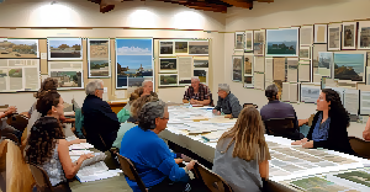 A community workshop with participants discussing local history and looking at historical documents.