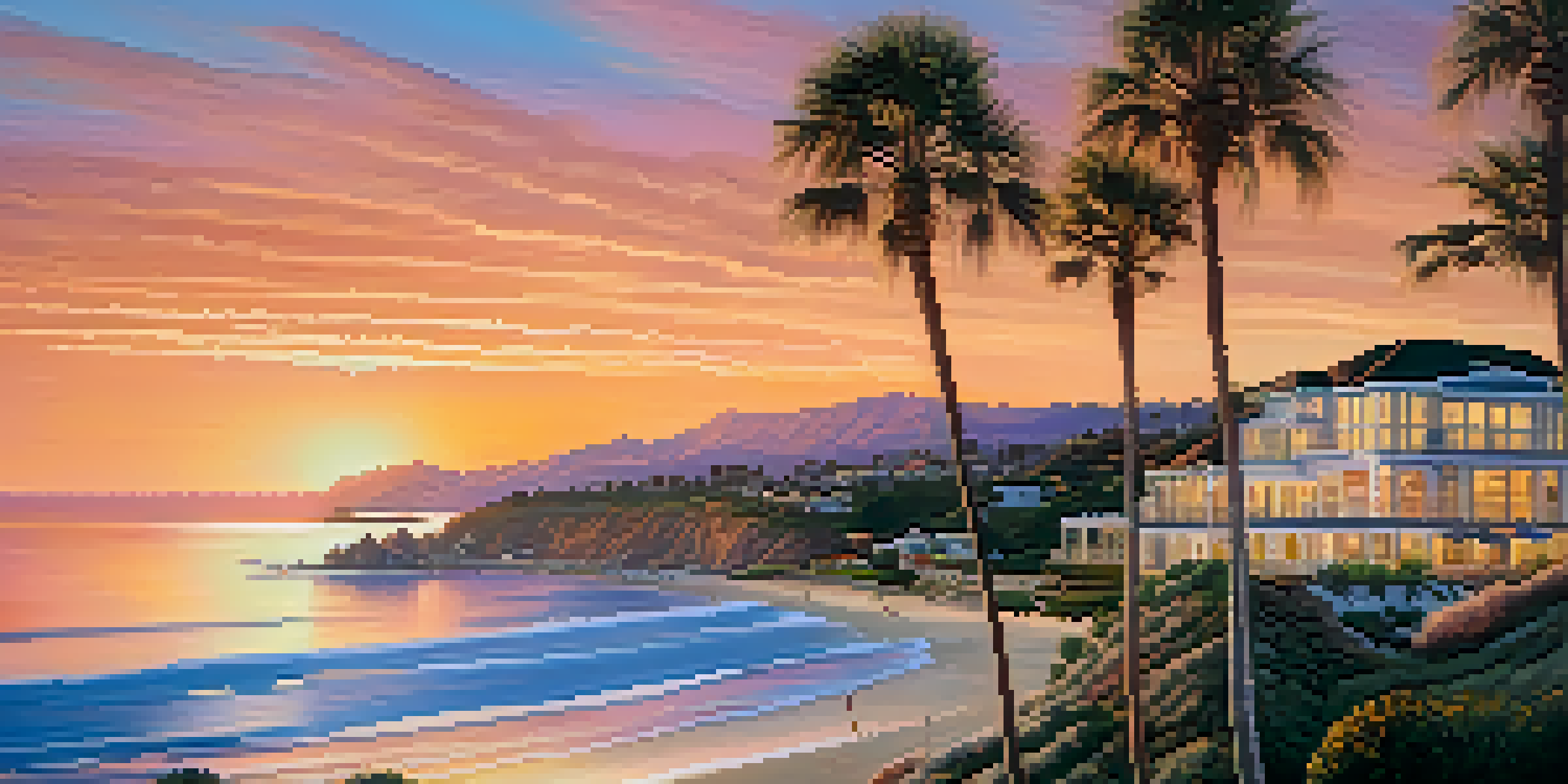 Aerial view of Malibu's coastline at sunset with luxurious beachfront homes and palm trees.