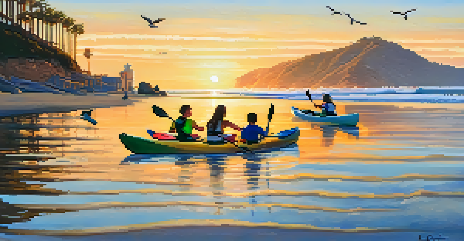 A family kayaking at La Costa Beach during sunset, surrounded by coastal homes and seabirds.