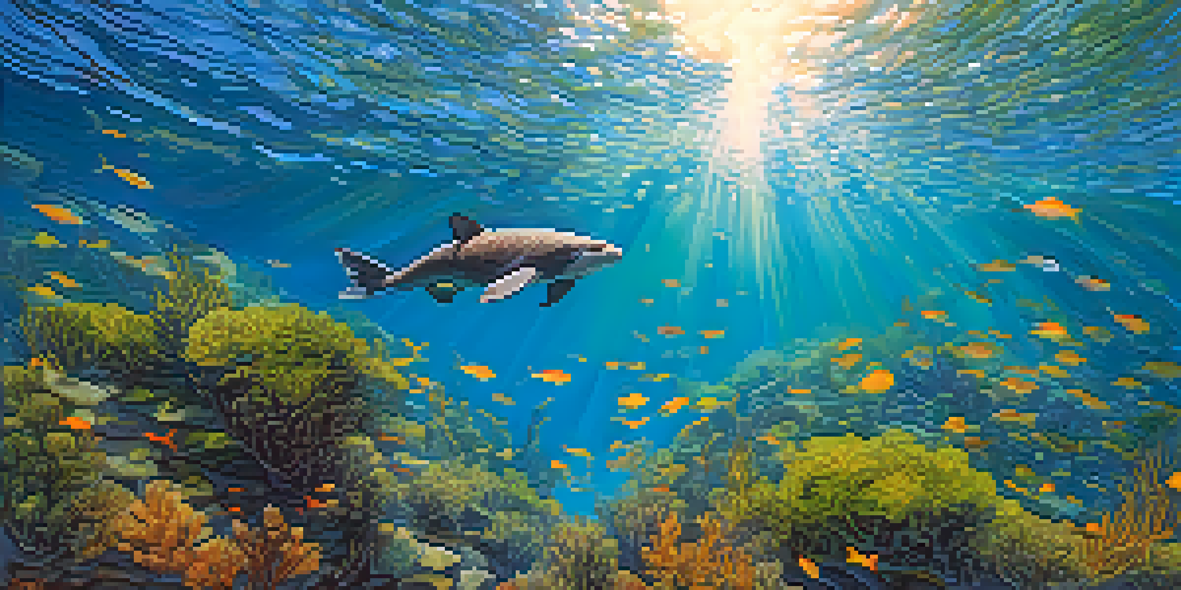 An underwater view featuring a kelp forest with colorful fish and a sea otter, illuminated by sunlight.