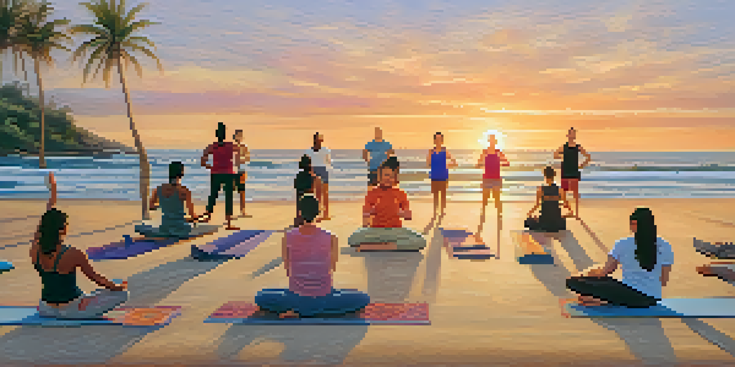 A group of people practicing yoga on a beach during sunset with palm trees in the background.