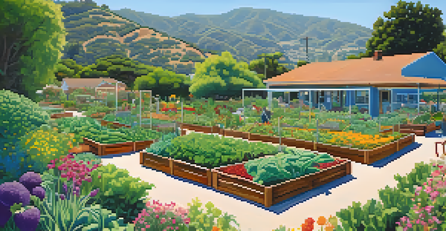 A vibrant community garden in Malibu with colorful raised beds filled with vegetables and flowers, and people gardening together against a scenic hillside backdrop.