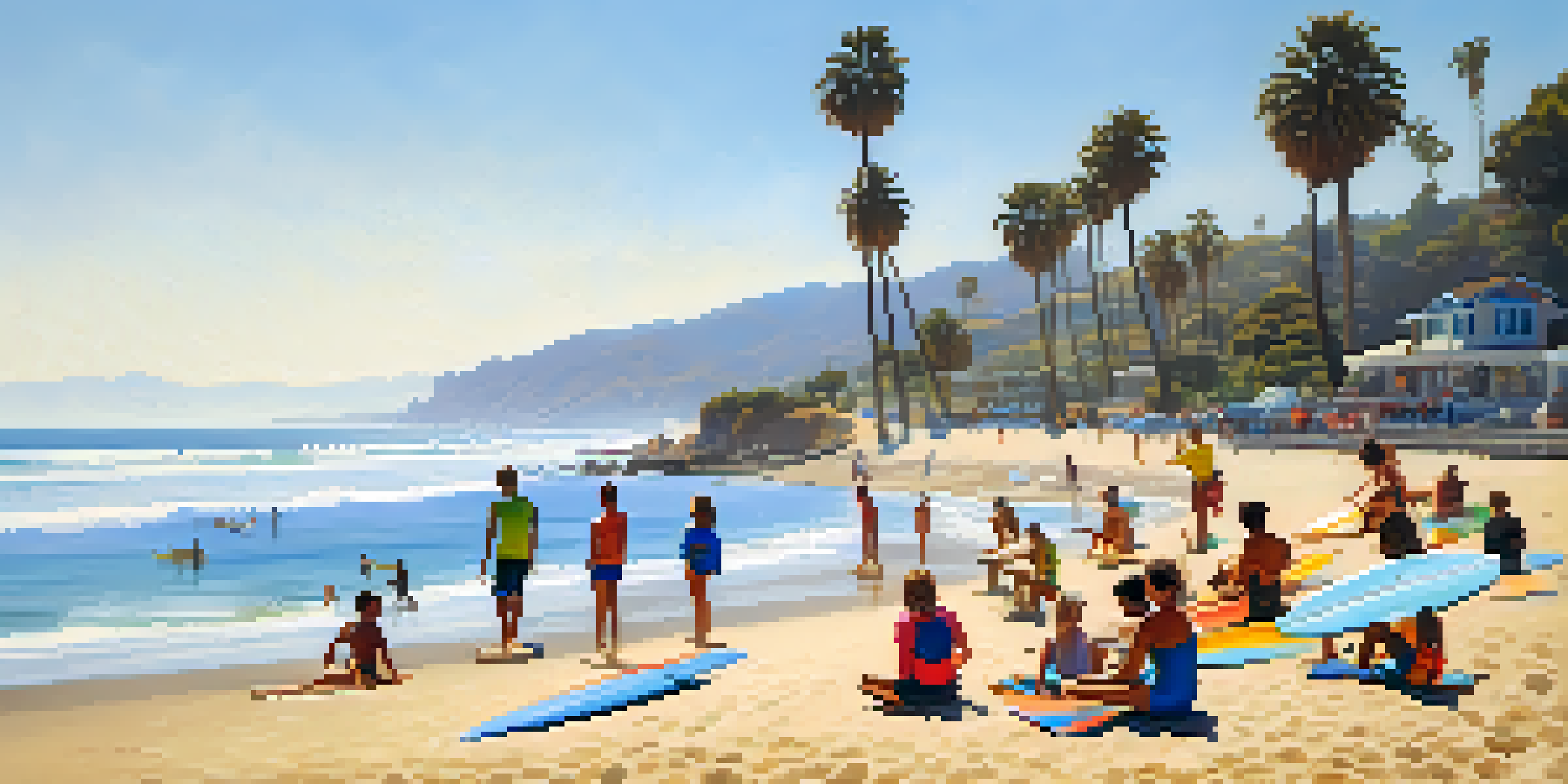A sunny Malibu beach scene with beginner surfers learning on gentle waves, colorful surfboards, and experienced instructors providing guidance.