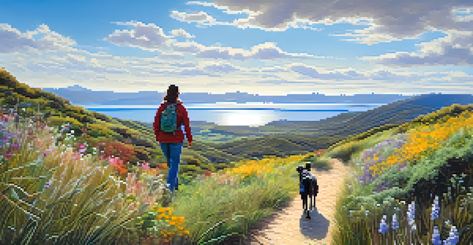 A dog and its owner hiking on a trail in Charmlee Wilderness Park, with a view of the ocean and wildflowers.