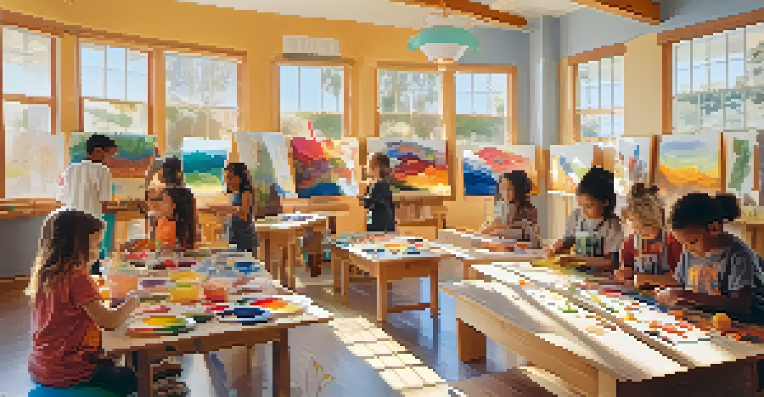 Children participating in an art workshop using natural dyes and found objects, smiling and engaged in creative activities in a sunlit community center.