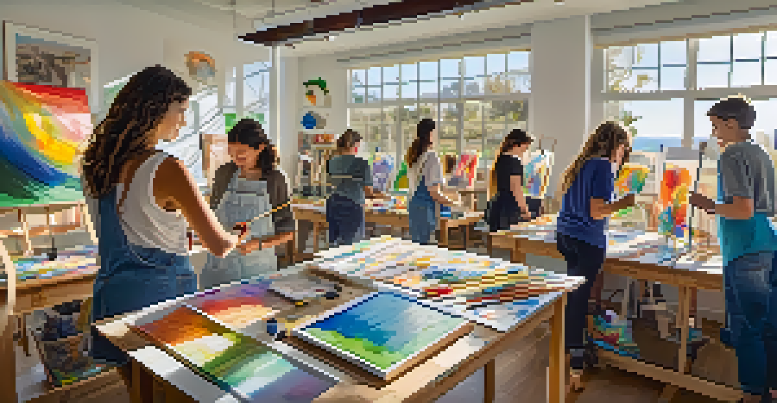 Students in an art class in Malibu creating artwork from recycled materials with natural light illuminating the room.