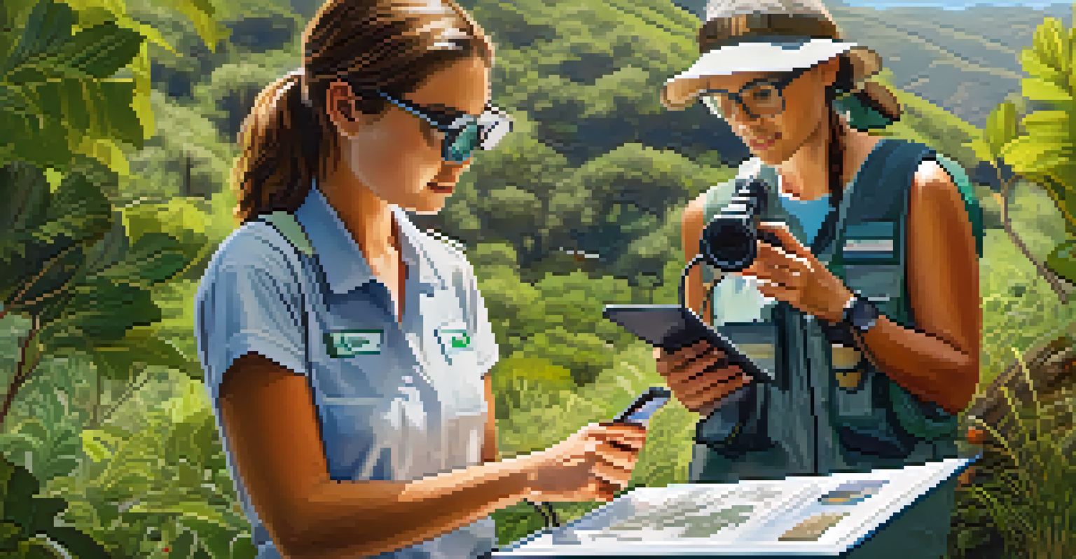 Volunteers monitoring wildlife in Malibu, with a focus on observing birds in a lush environment.