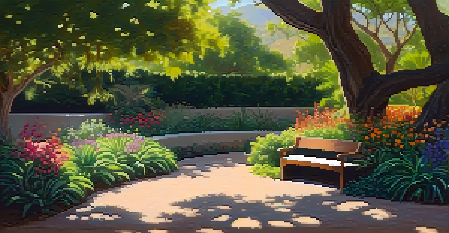 A meditation garden in Malibu with lush greenery, colorful flowers, and a wooden bench under a tree, with sunlight filtering through the leaves.