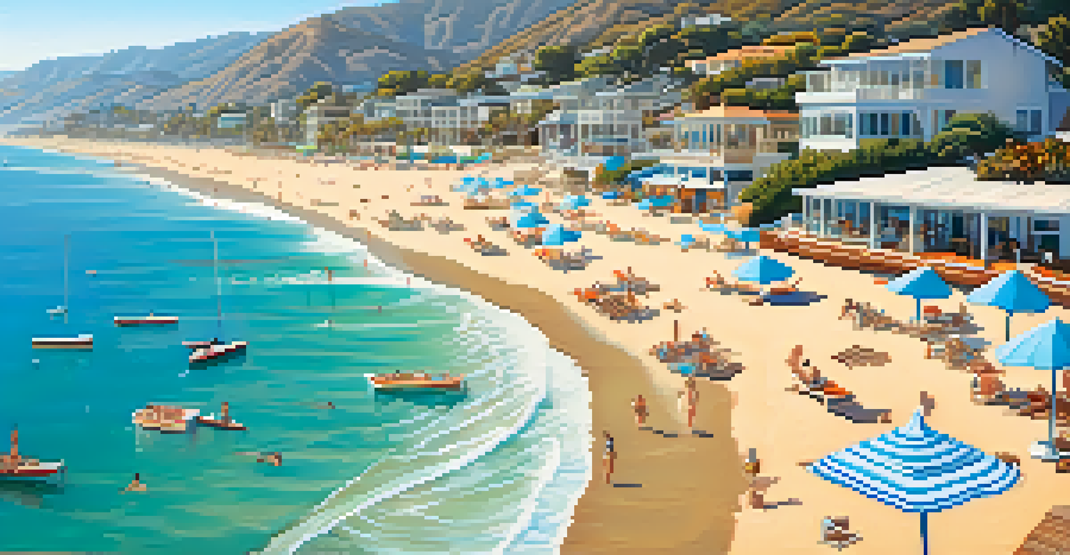 Aerial view of Malibu's coastline with beachfront bars and turquoise ocean.