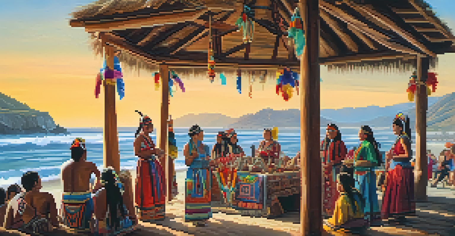 A lively depiction of a Chumash cultural gathering with traditional attire, storytelling, and dancing by the Malibu coast.
