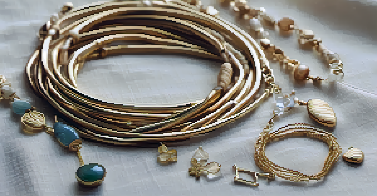 Close-up of layered gold necklaces and stacked bracelets on linen fabric, showcasing ocean-themed charms.