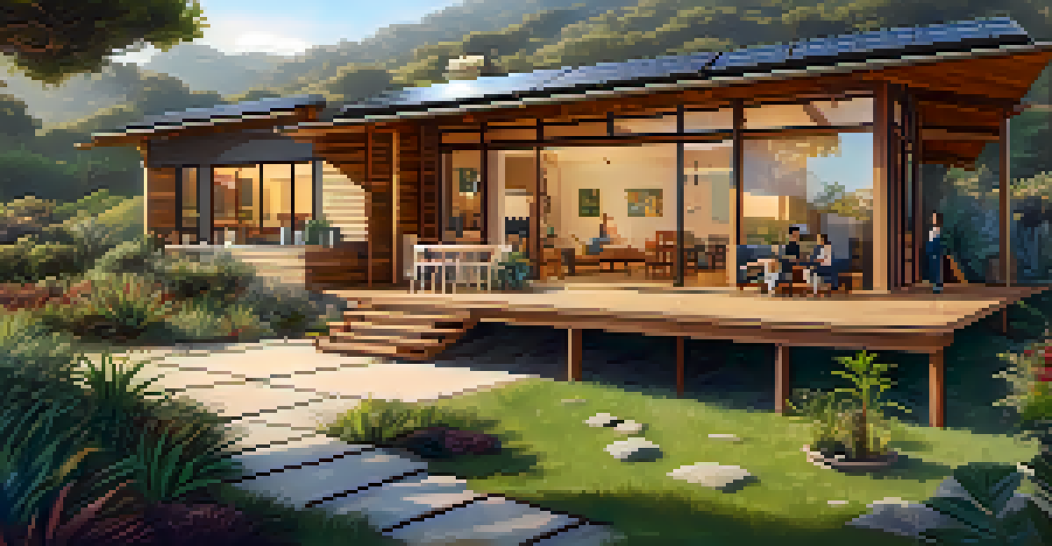 A cozy eco-lodge in Malibu surrounded by nature, with solar panels and a couple enjoying coffee.