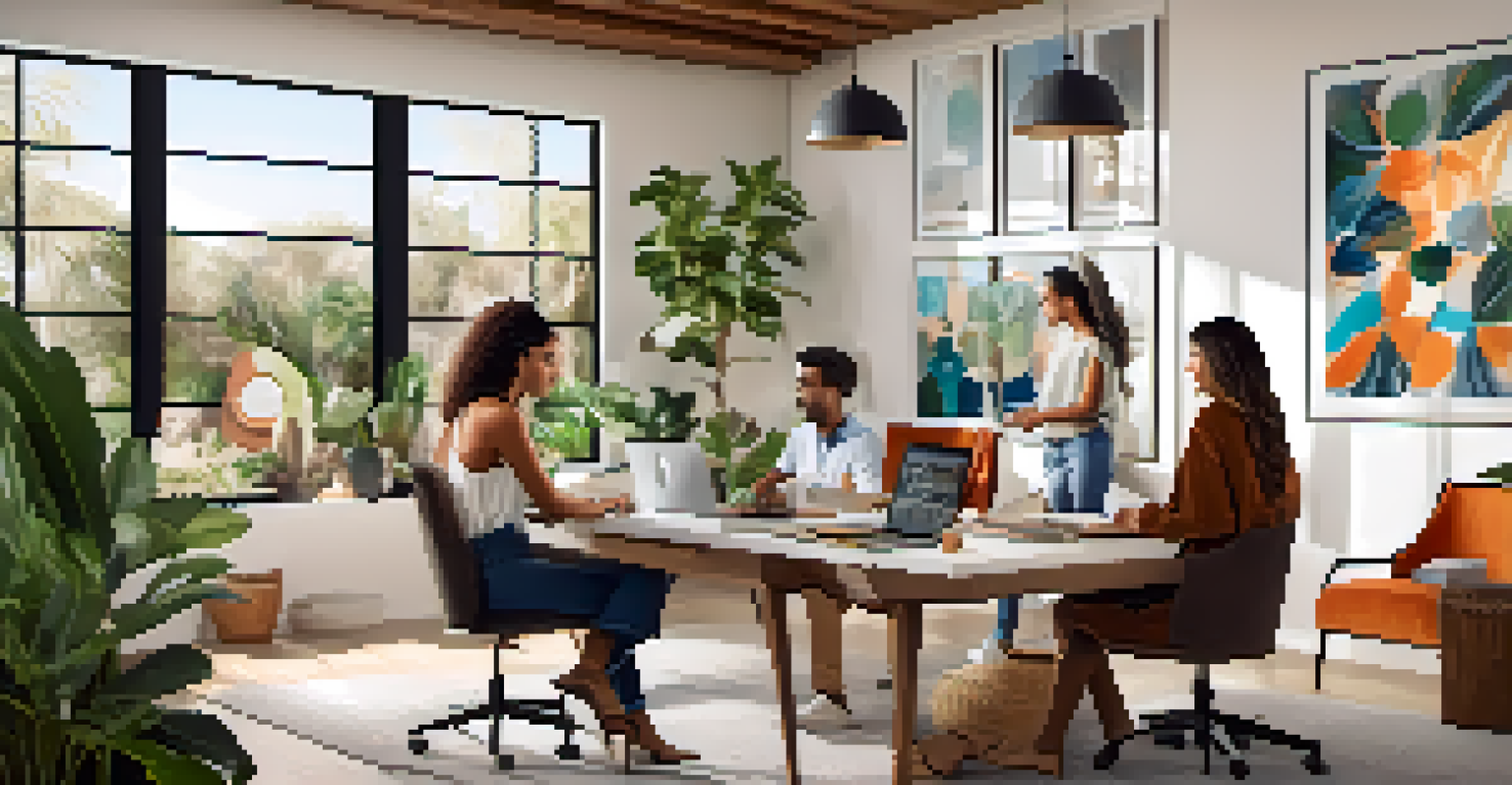 A diverse group of young professionals collaborating in a bright and stylish home office in Malibu.