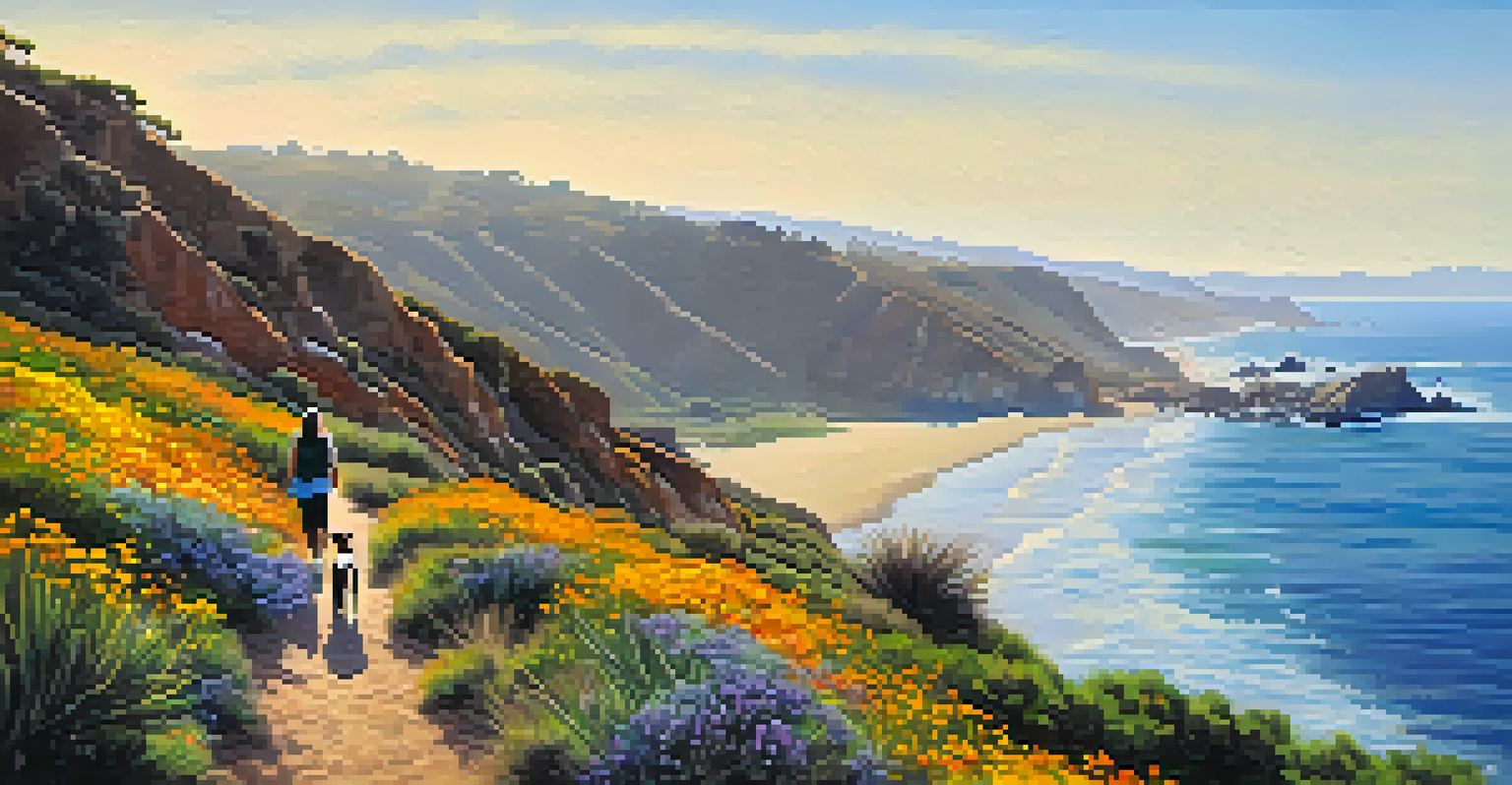 A dog and owner hiking along a trail in Point Dume Nature Preserve with ocean views.