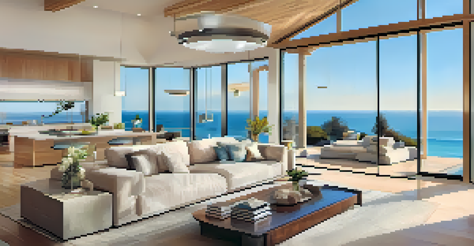 A modern smart home interior in Malibu with smart technology controls and ocean views through large windows.
