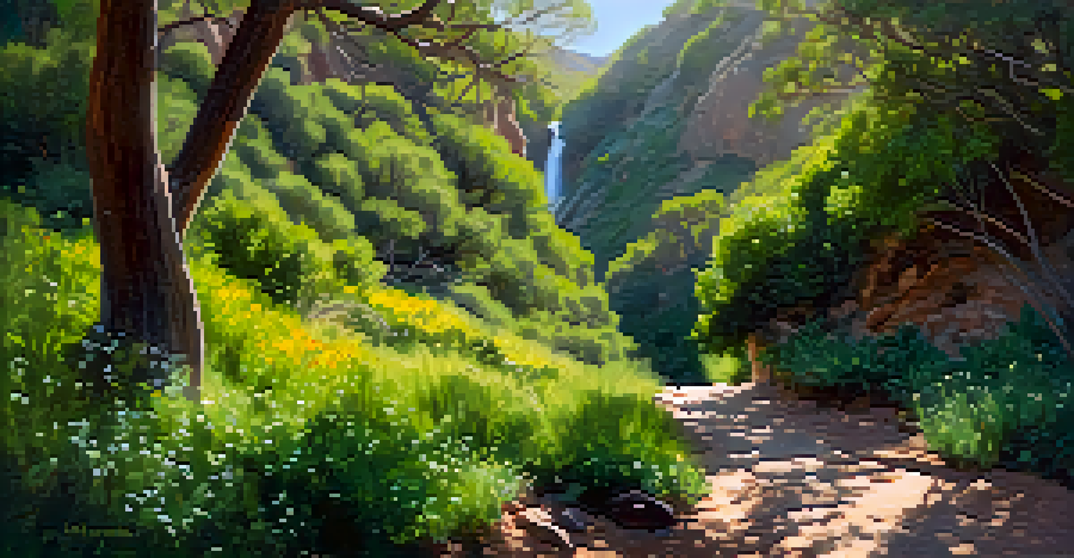 A hiker on a lush trail in Solstice Canyon, with a waterfall in the background and sunlight filtering through the trees.