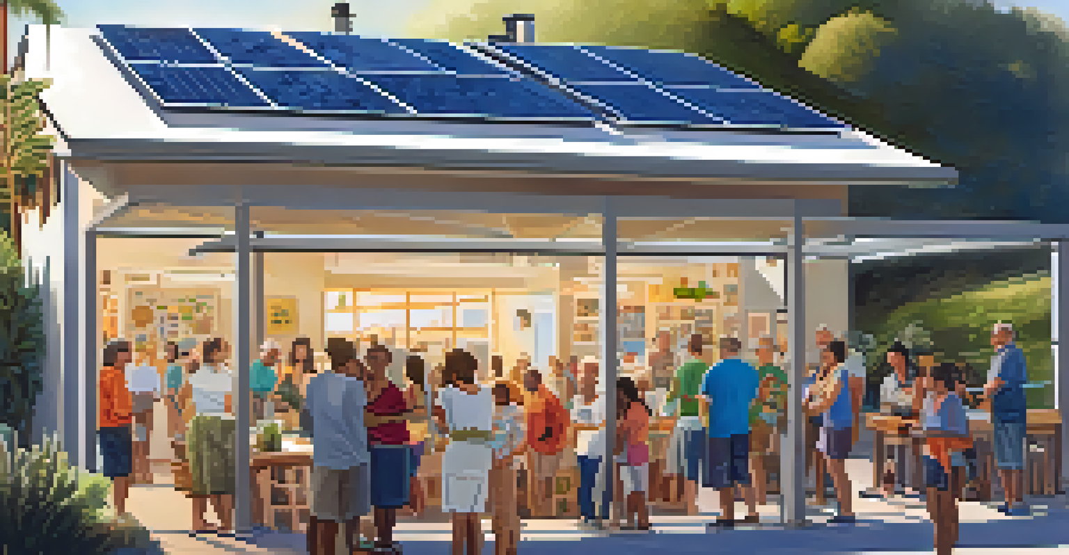 Community workshop in Malibu about solar energy, with residents discussing and viewing solar technology displays.