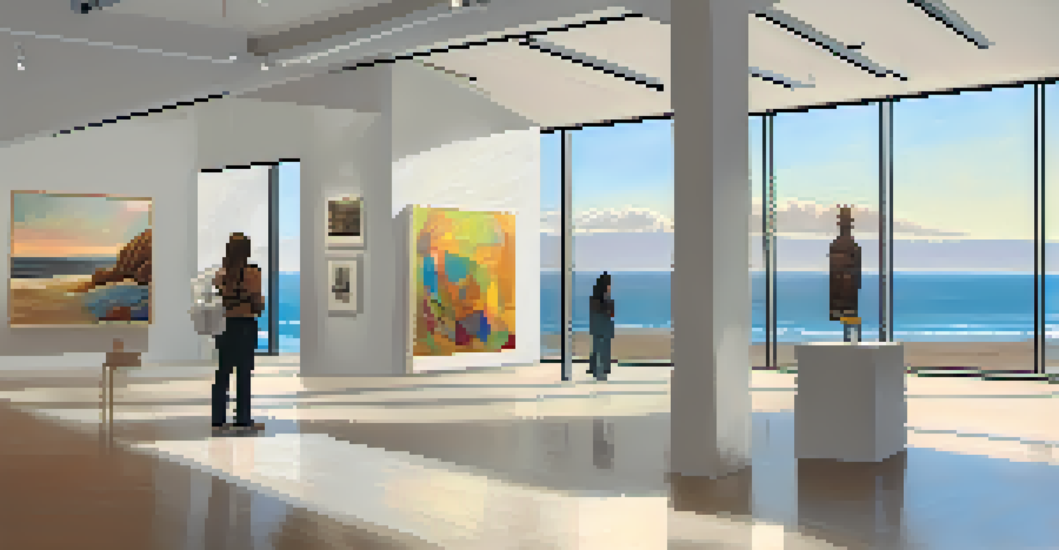 Inside a contemporary art gallery in Malibu, with sunlight illuminating diverse multimedia artworks and visitors admiring the pieces.