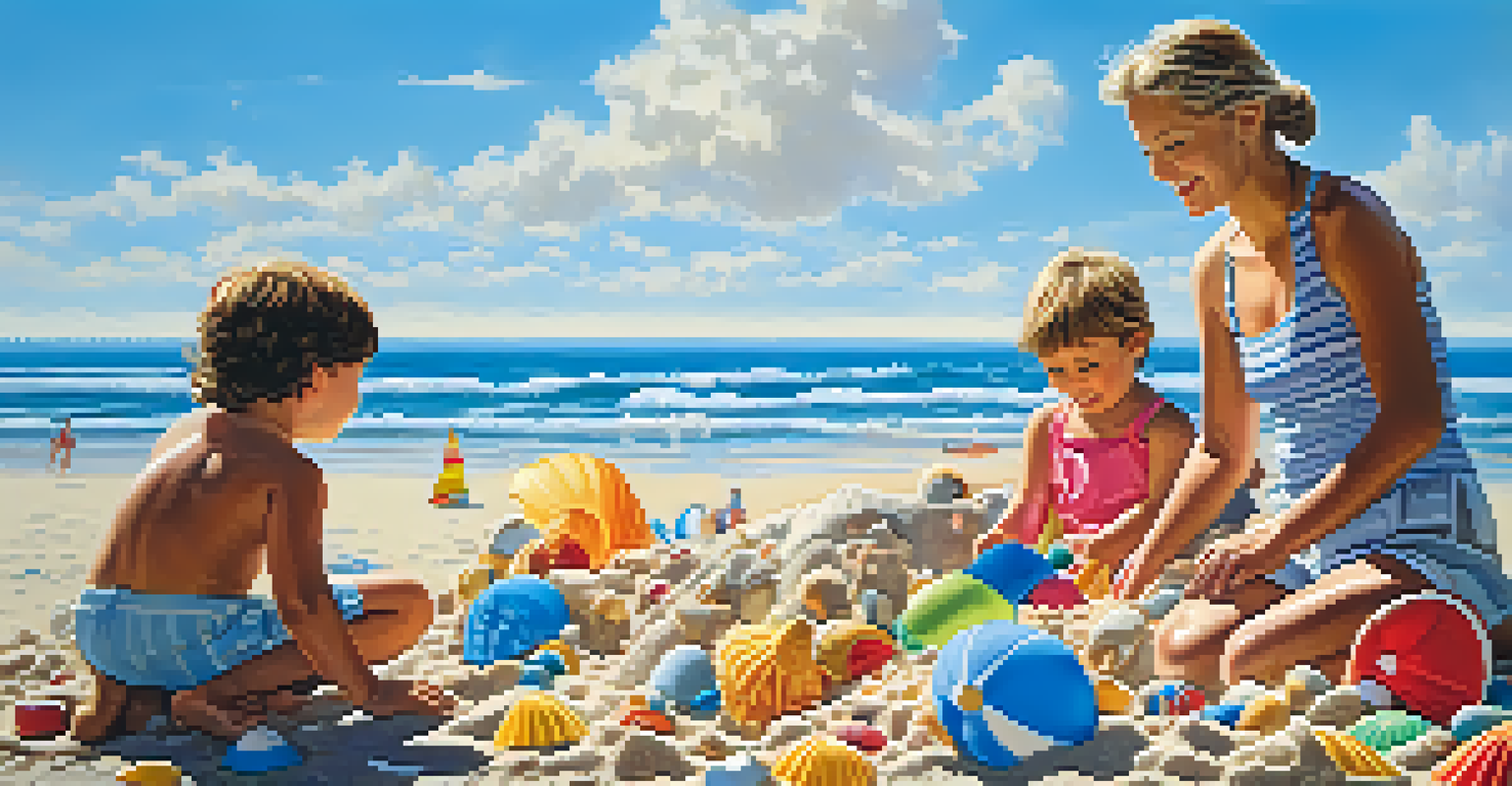 A family with children building a sandcastle on the beach, surrounded by colorful toys and a clear blue sky.