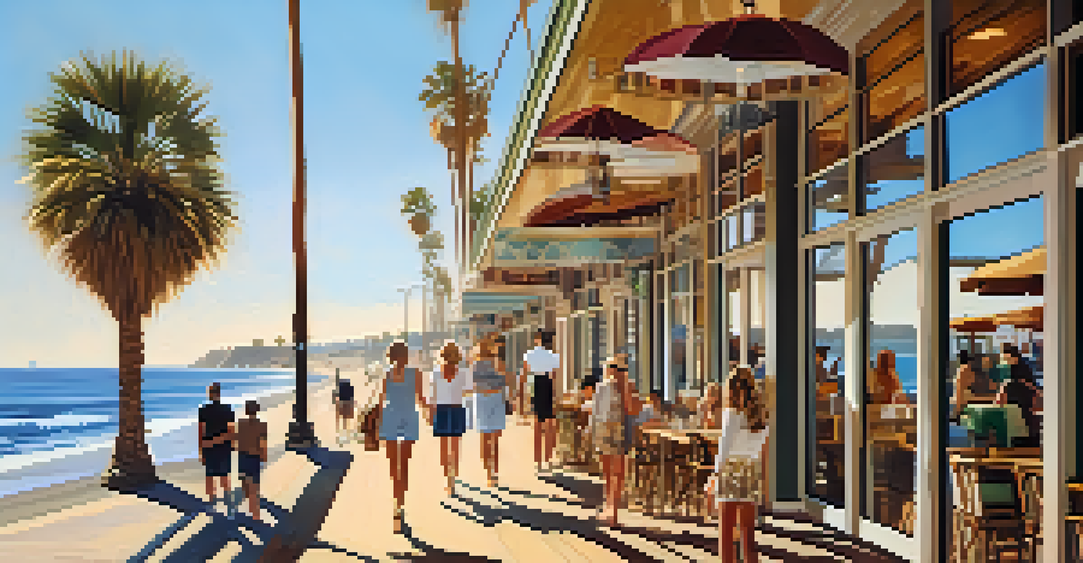 A group of friends walking along a boardwalk in Malibu, wearing sundresses and shorts, surrounded by palm trees and cafés.