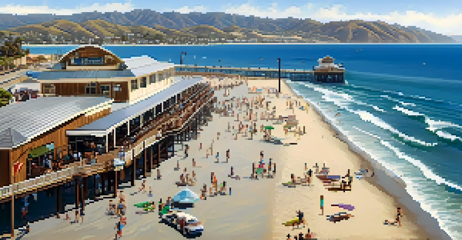 A busy Malibu Pier with surfers in the ocean and families walking along the pier.