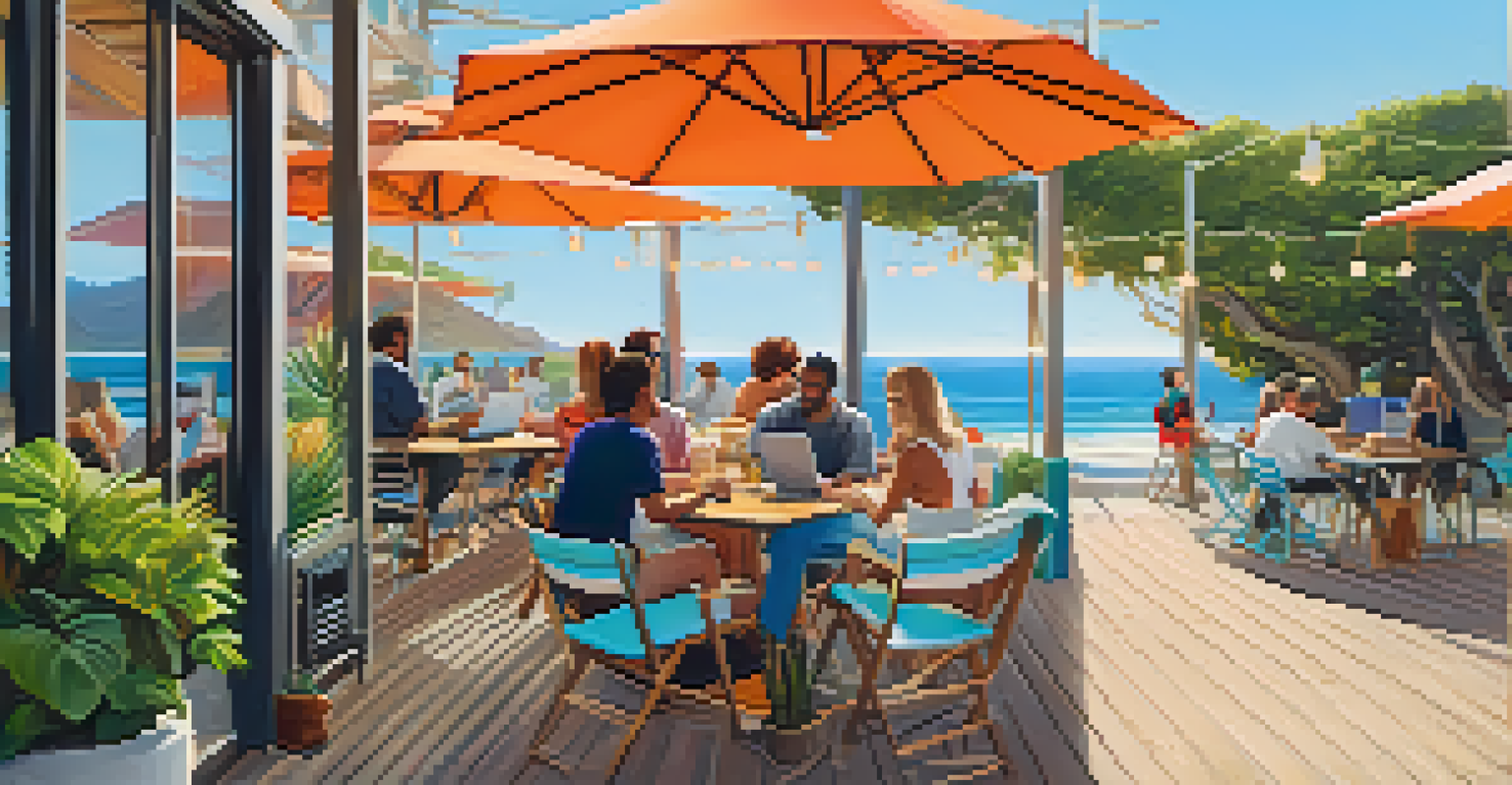 An outdoor co-working space in Malibu with colorful umbrellas and people working on laptops.