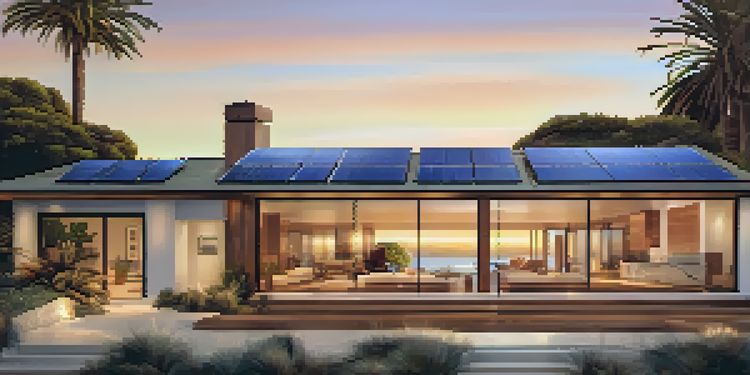A luxurious eco-friendly beachfront home in Malibu with solar panels and large glass windows overlooking the ocean at sunset.