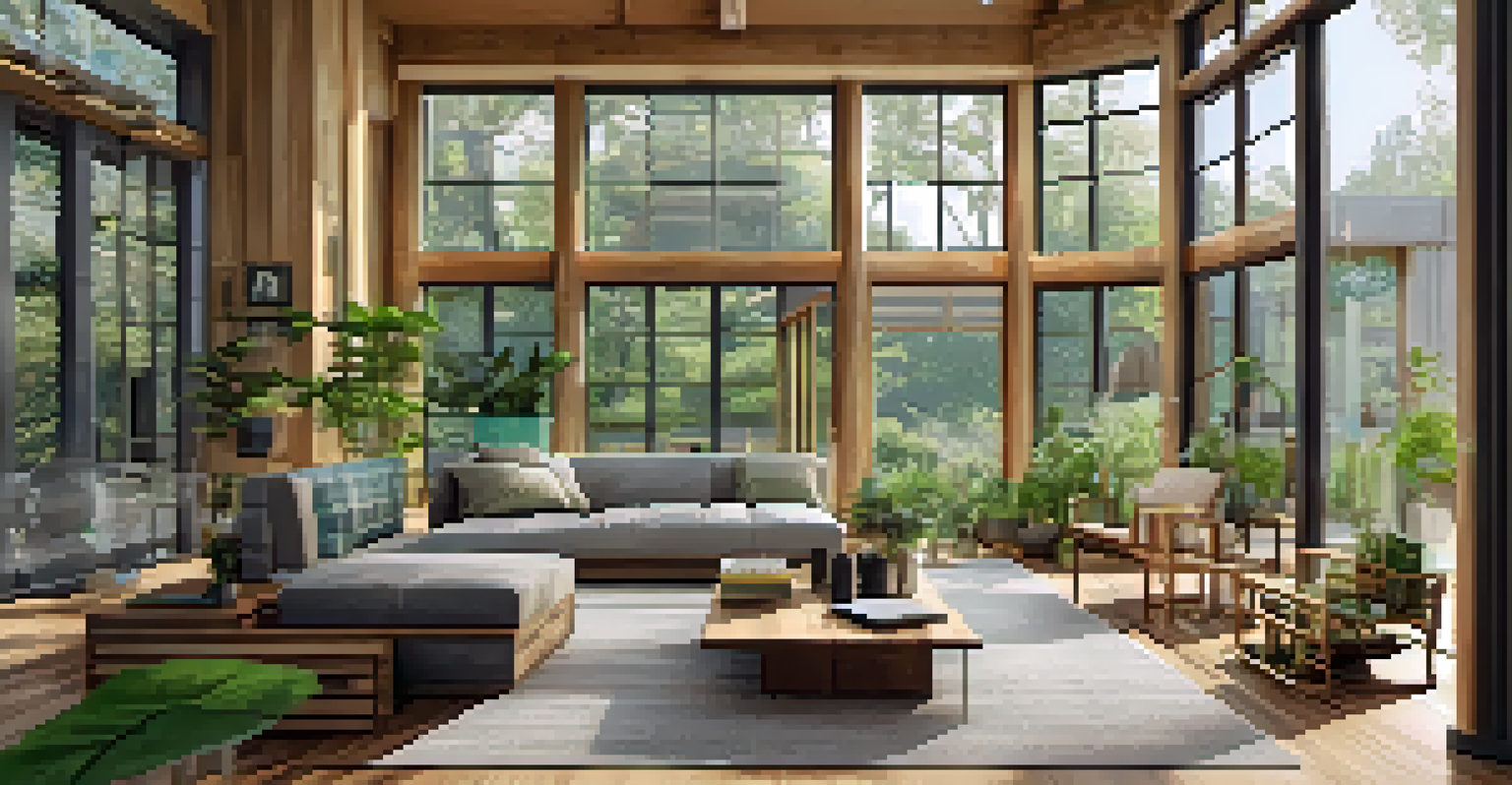 A bright living room in an eco-friendly home with bamboo flooring, large windows, and indoor plants.