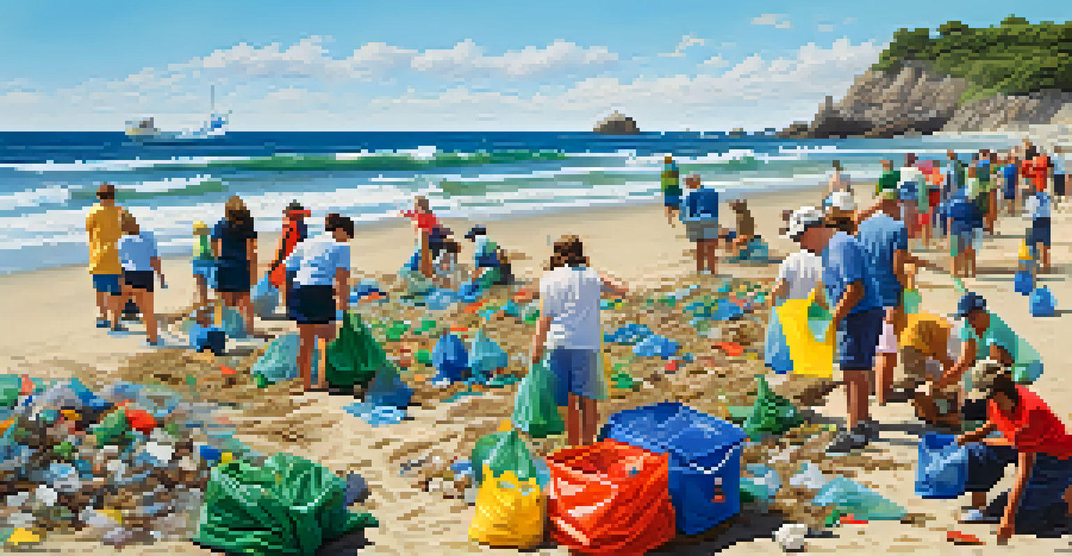 Volunteers participating in a beach cleanup, collecting trash on a sunny day with waves in the background.