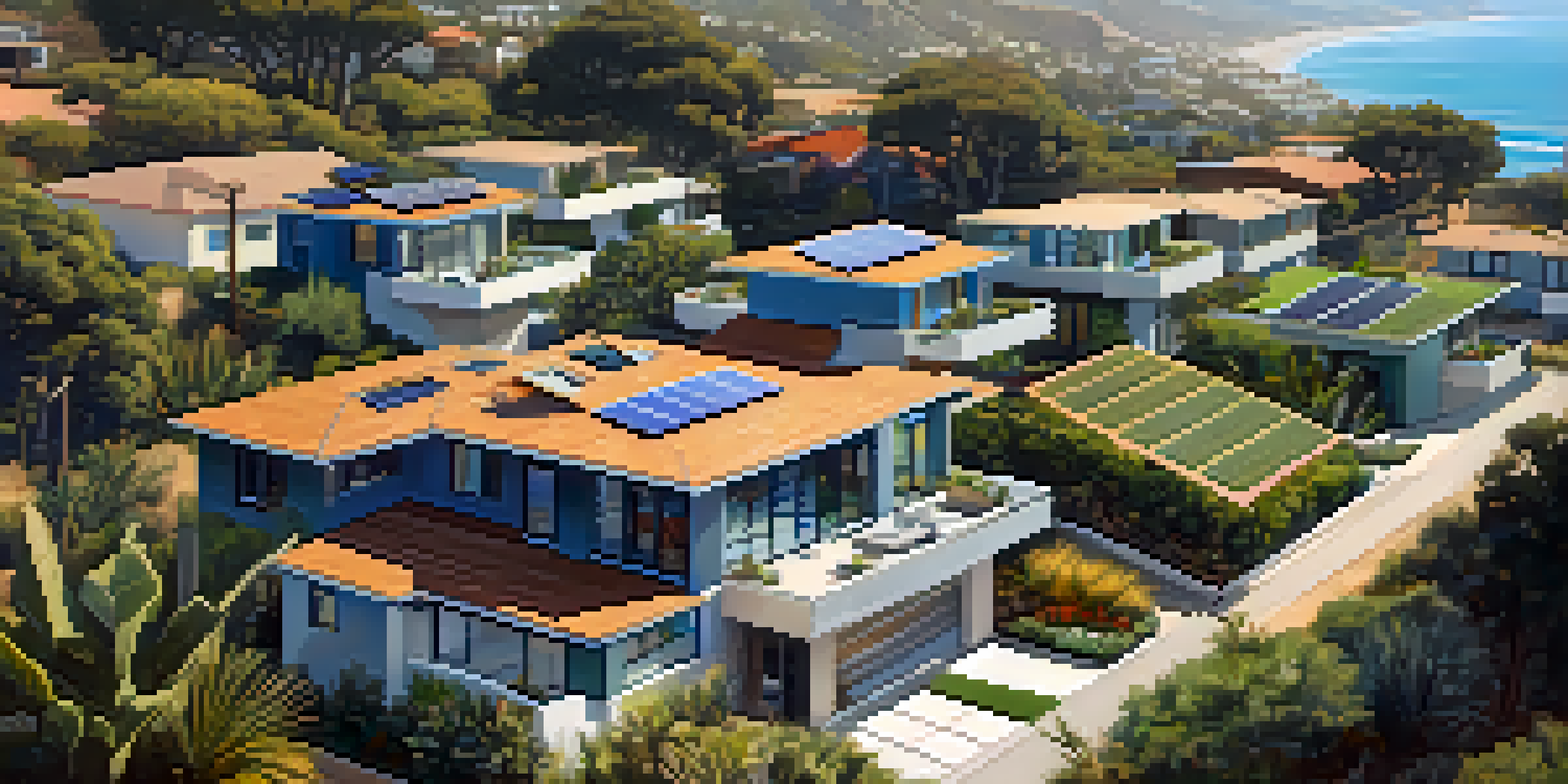 Aerial view of a modern neighborhood in Malibu with homes featuring solar panels, surrounded by greenery and the ocean.