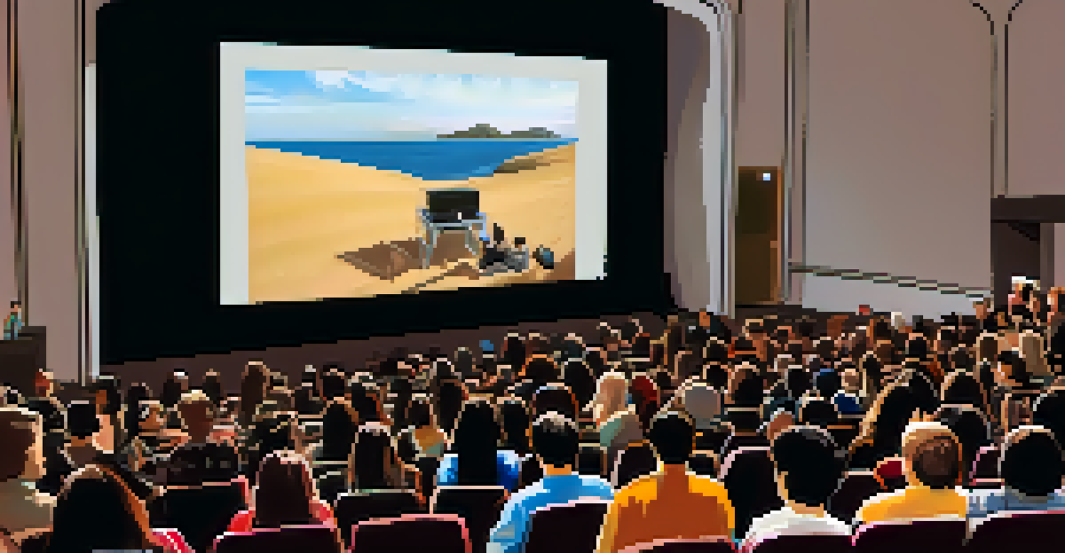 A young Asian filmmaker passionately presenting during a Q&A session at the Malibu Film Festival, with an attentive audience and a film still on the projector screen.