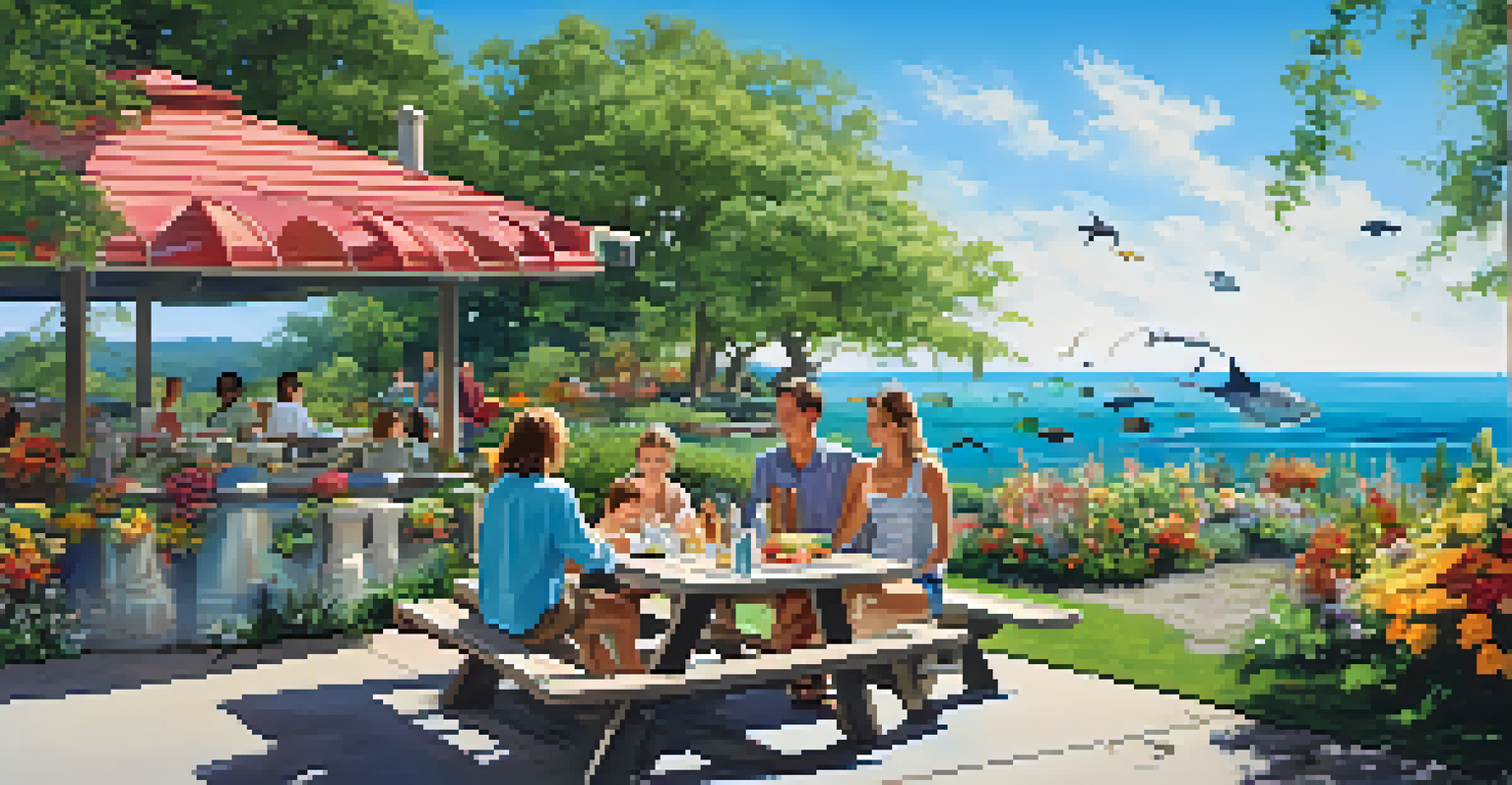 A family having a picnic outside an aquarium, surrounded by greenery and the ocean view.
