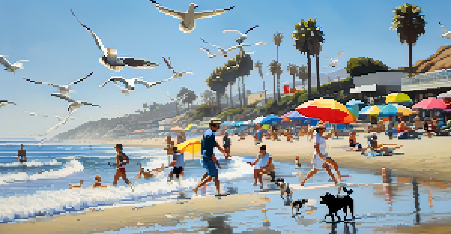 A dog playing at Zuma Beach, running through the waves with beachgoers and umbrellas in the background.
