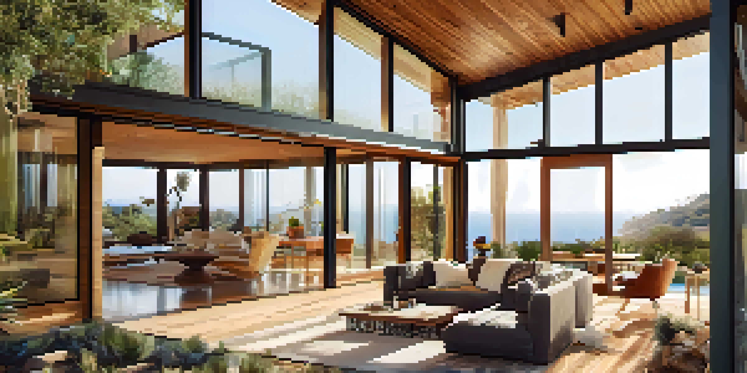 A modern eco-friendly house in Malibu with large glass walls, an outdoor patio filled with native plants, and a green roof, illuminated by warm sunlight.