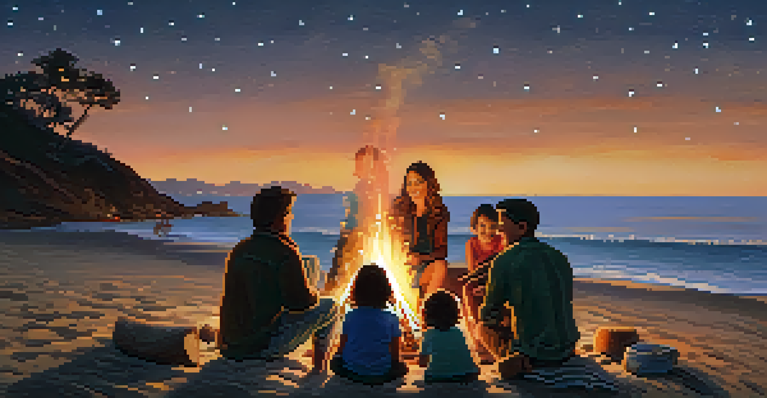 A family gathered around a bonfire on the beach at dusk, roasting marshmallows and enjoying each other's company.