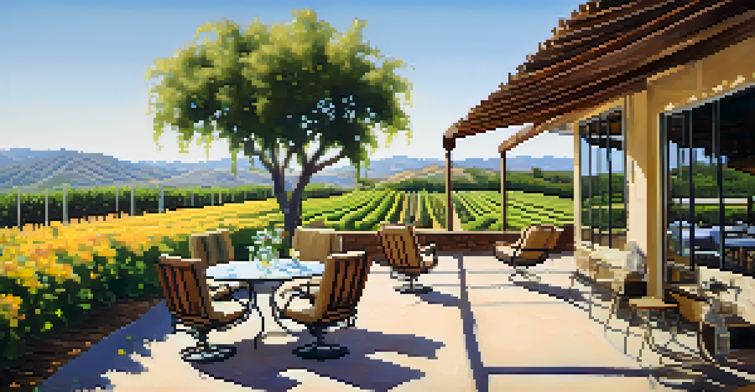 A cozy outdoor seating area at a Malibu winery, with a glass of Chardonnay and surrounding vineyards.