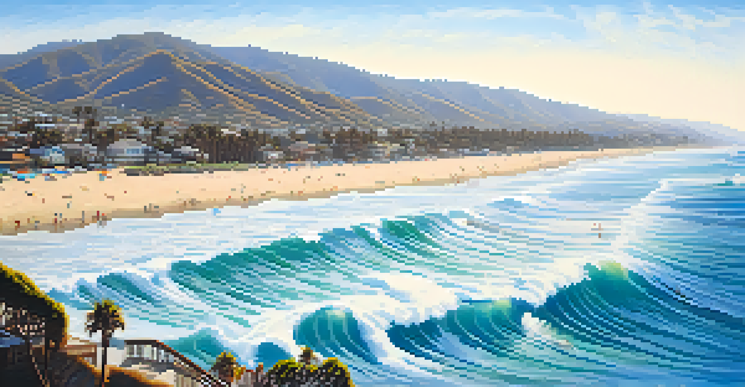 Aerial view of surfers on vibrant surfboards riding waves at Malibu beach under a sunny sky.