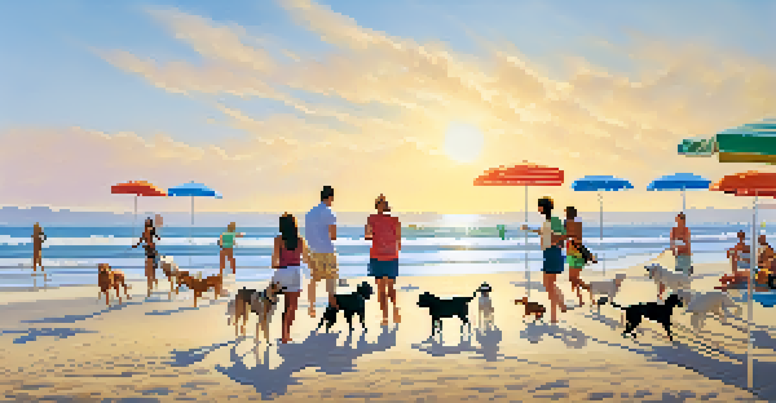 A lively day at Zuma Beach with dogs playing in the sand and beachgoers enjoying the ocean view.