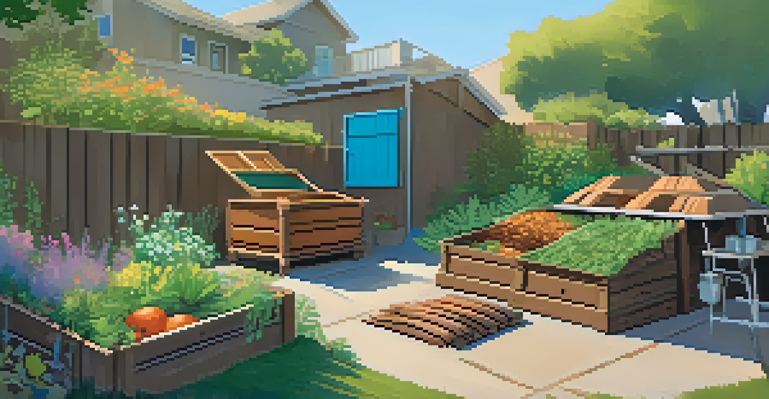 A backyard compost bin filled with kitchen scraps and yard waste, surrounded by vibrant plants and flowers in Malibu.